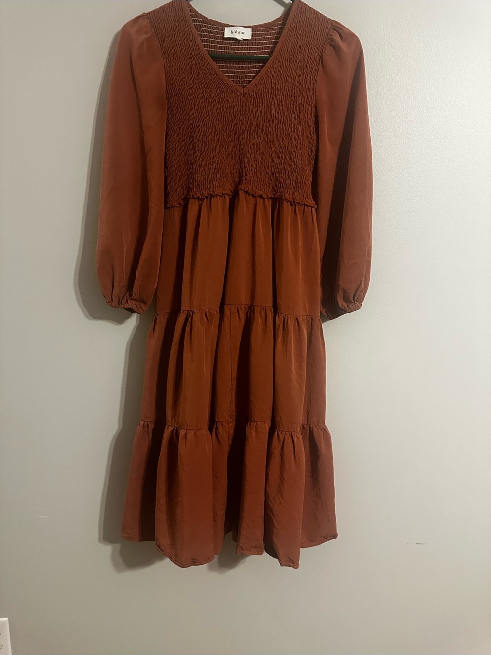 bohme Rust Smocked V‑Neck Tiered Long‑Sleeve Dress